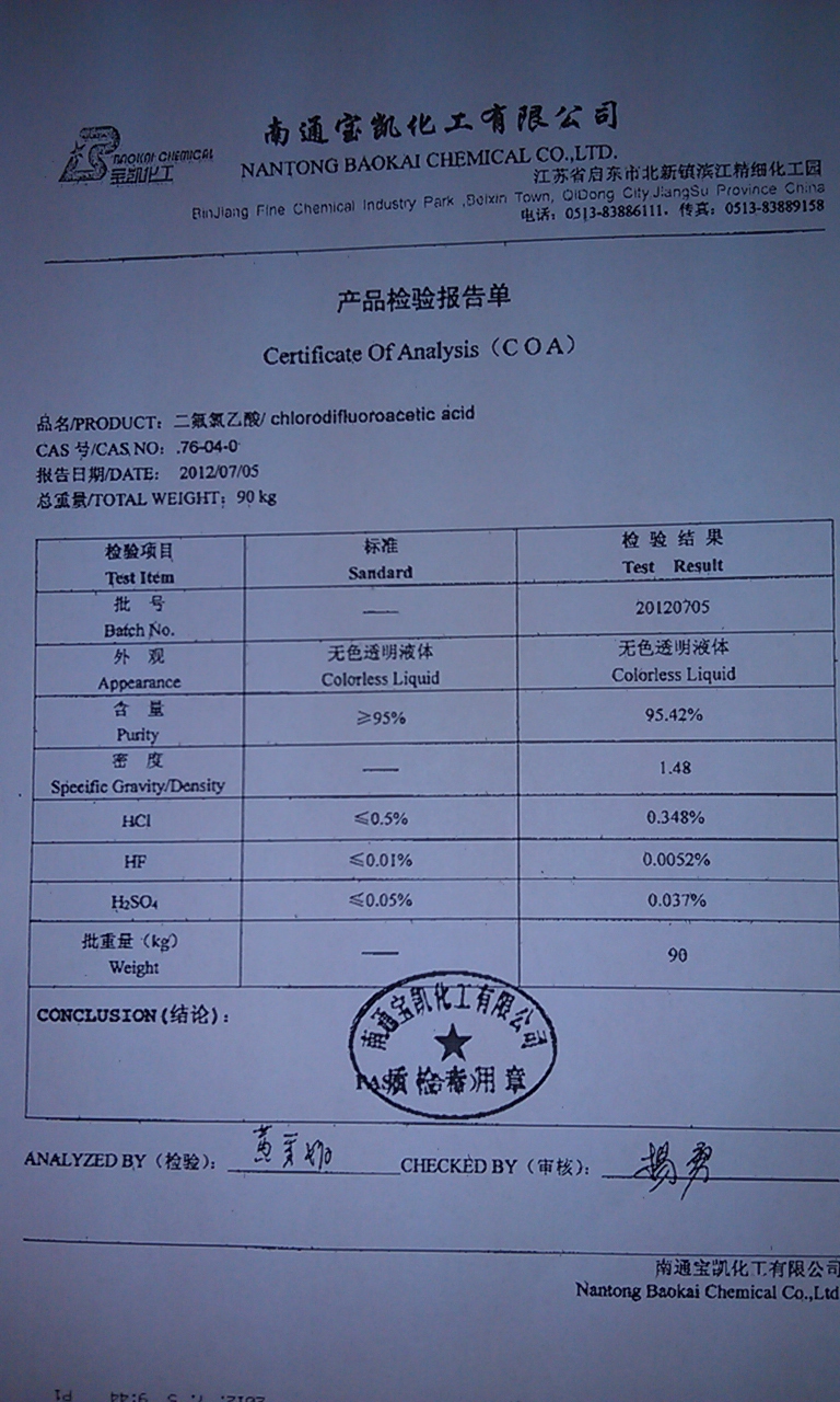 The certificate of quality (COA) of Chlorodifluoroacetic acid 